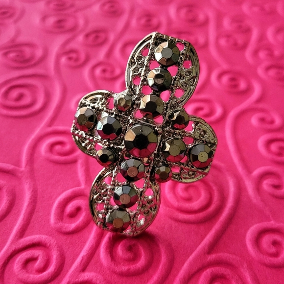 Jewelry - Joy of the Saints Silver Cross Black Crystal Gemstone Ring One Size Fits All